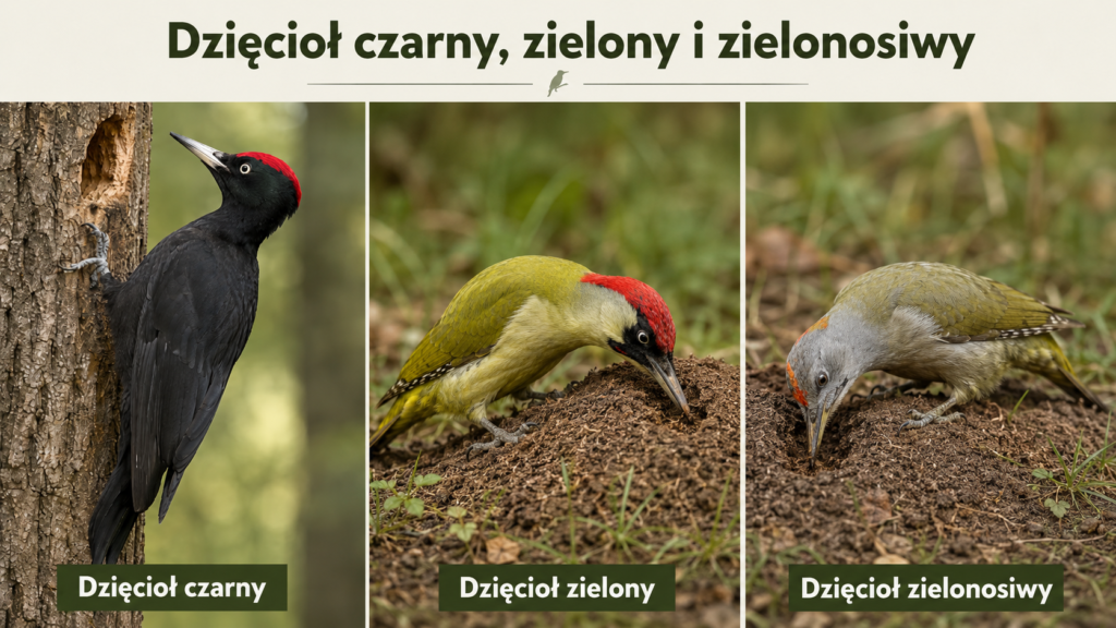 Dzięcioł czarny, zielony i zielonosiwy – jak je rozpoznać i czym się różnią? Dzięcioł czarny, zielony i zielonosiwy to trzy gatunki, które łatwo odróżnić od dzięciołów pstrych, ale każdy z nich żyje trochę inaczej. Sprawdź, czym się różnią, jak wyglądają i dlaczego zielone dzięcioły tak często szukają pokarmu na ziemi.