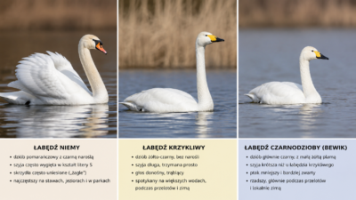 Porównanie łabędzi niemy, krzykliwy i czarnodzioby bewik