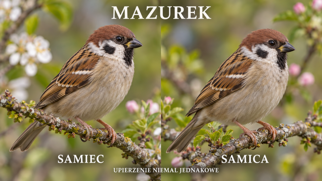 Wróbel czy mazurek? Jak odróżnić wróble występujące w Polsce Wróbel i mazurek często żerują obok siebie, ale łatwo je odróżnić. Mazurek ma kasztanową czapeczkę i czarną plamę na białym policzku. Samiec wróbla nosi szarą czapkę i duży czarny śliniak, natomiast samica oraz młode są znacznie skromniej ubarwione.