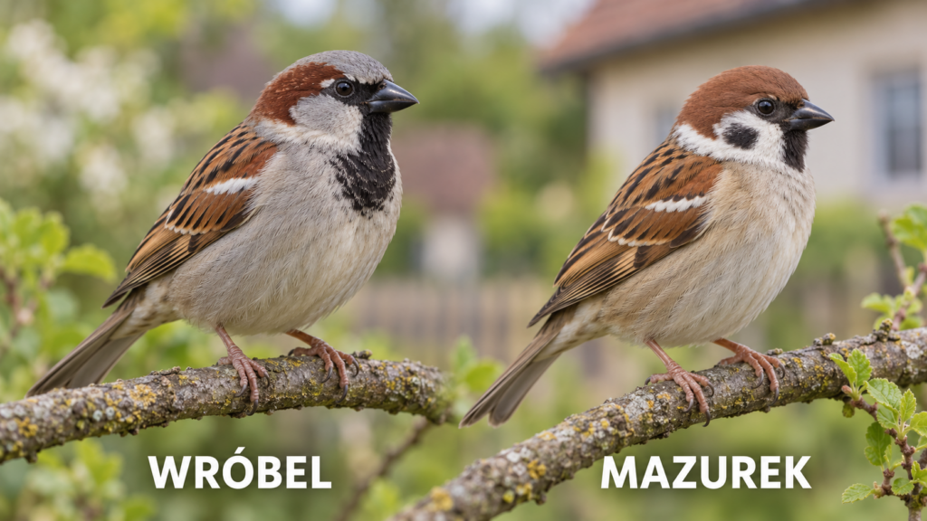 Wróbel czy mazurek? Jak odróżnić wróble występujące w Polsce Wróbel i mazurek często żerują obok siebie, ale łatwo je odróżnić. Mazurek ma kasztanową czapeczkę i czarną plamę na białym policzku. Samiec wróbla nosi szarą czapkę i duży czarny śliniak, natomiast samica oraz młode są znacznie skromniej ubarwione.